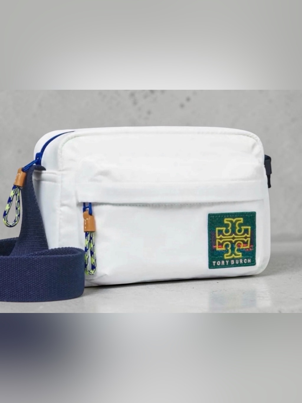 Tory Burch White Nylon Crossbody Bag With Navy Strap And Green Logo Patch